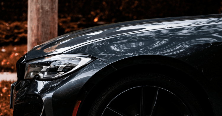 Close-up of the headlight and front fender of a dark grey BMW with autumn leaves in the background